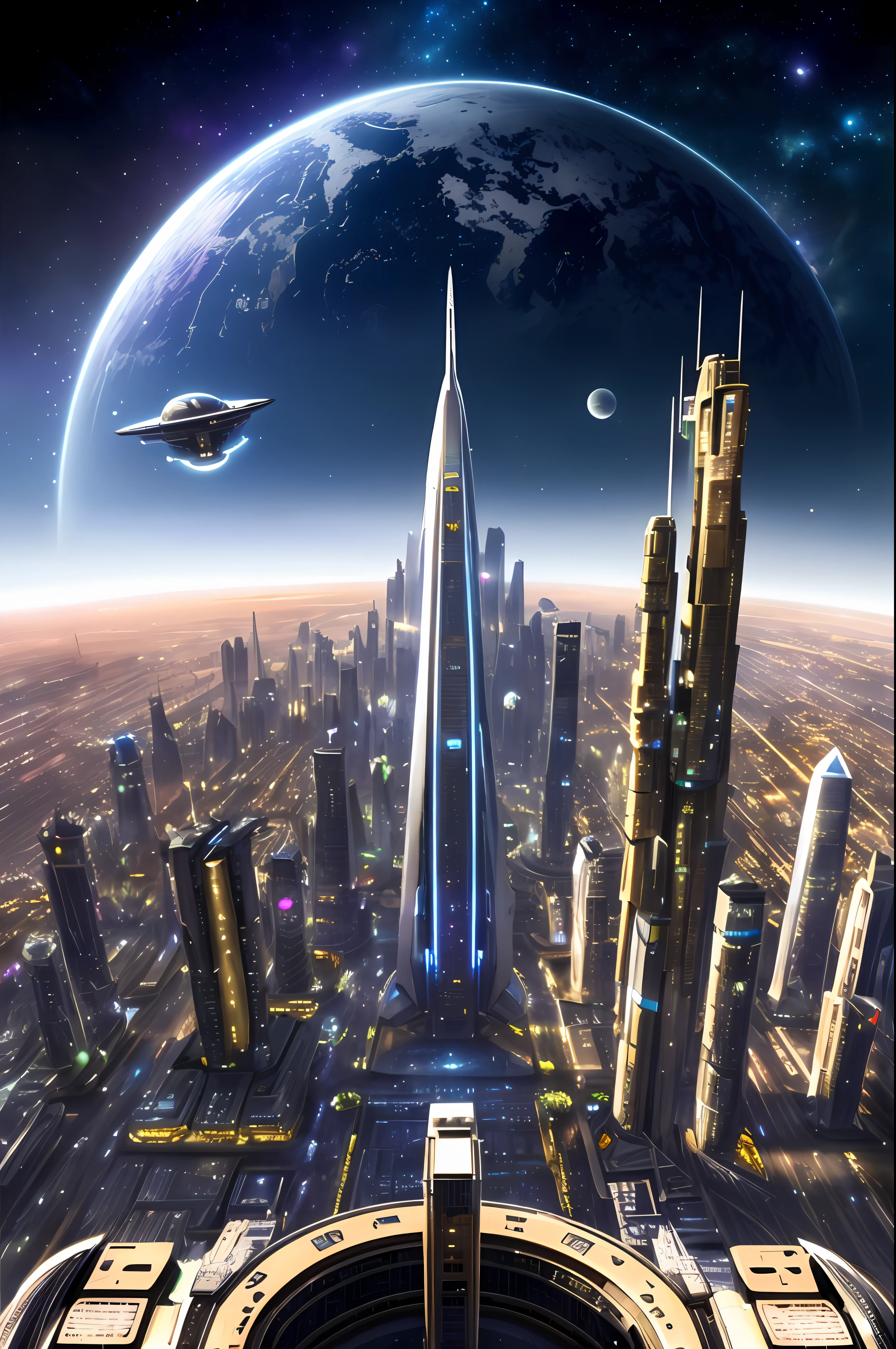 Futuristic City With A Futuristic Spaceship Flying Over It In Fantasy