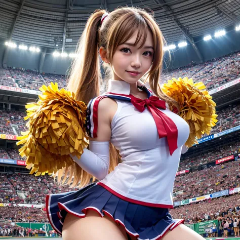 Ala Fed Asian Cheerleader Posing Dynamically With Pom Pom In Stadium