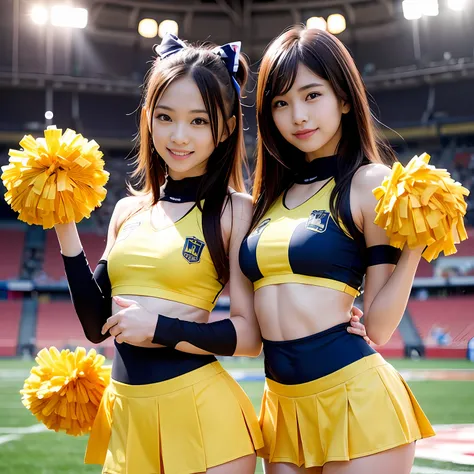 Alafed Asian Cheerleaders Posing Dynamically With Pom Poms In Stadium