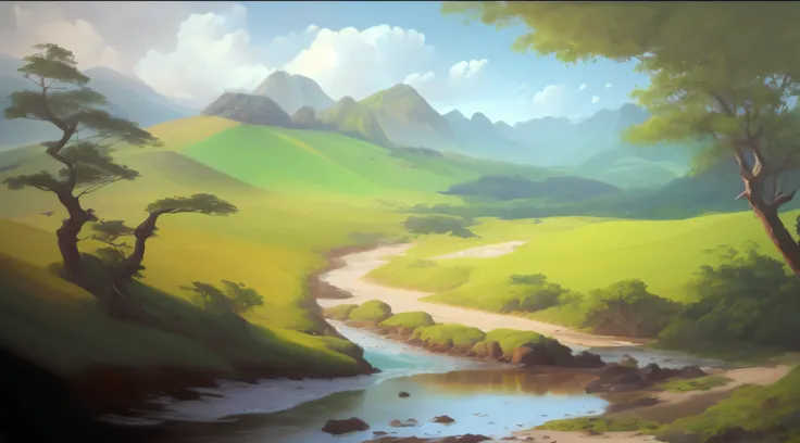 Pintura Que Atravessa Um Vale Verde Exuberante Montanhas Ao Fundo