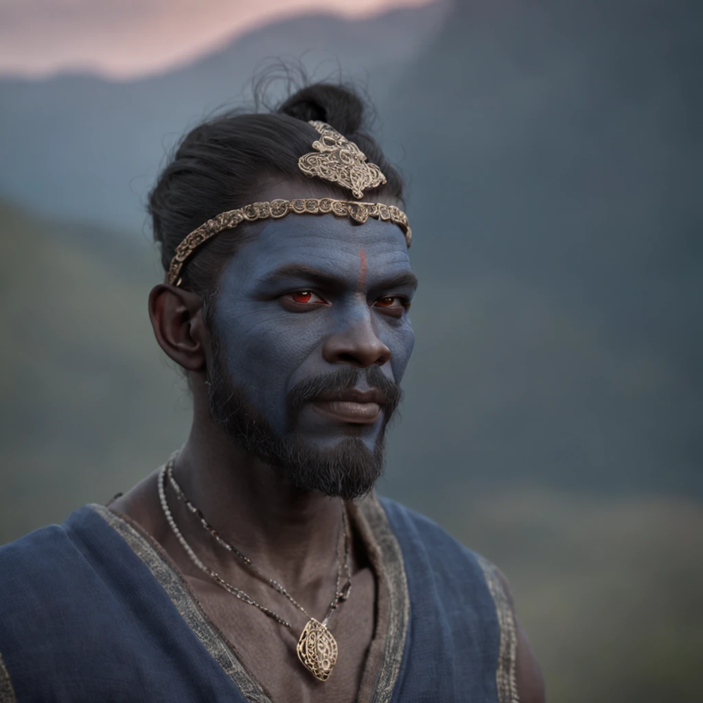 Arafed Man With Blue Face And Gold Headband In Front Of Mountains