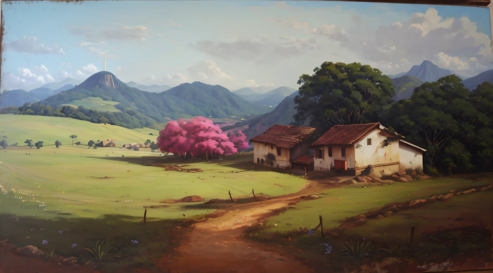 pintura de um Río que atravessa um vale verde exuberante montanhas