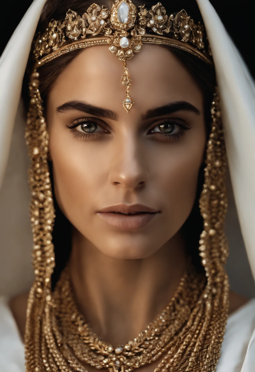 A Closeup Of A Woman Wearing A White Veil And A Gold Necklace