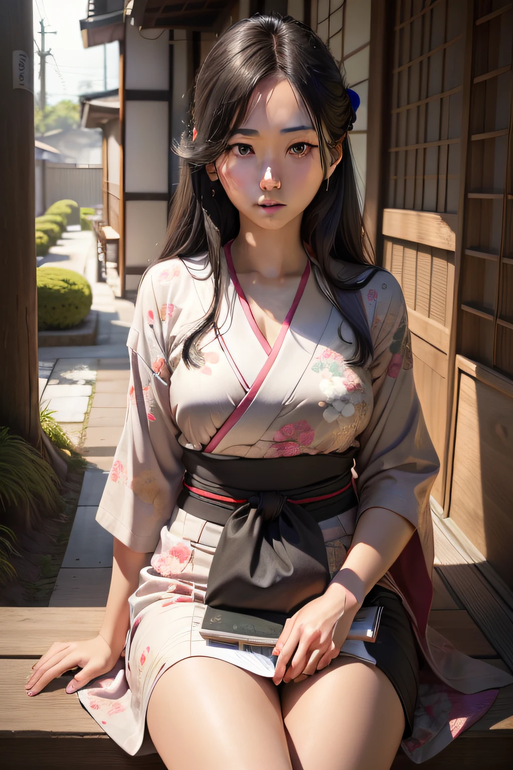 Araffe Asian Woman In Kimono Sitting On A Bench In A Japanese Village