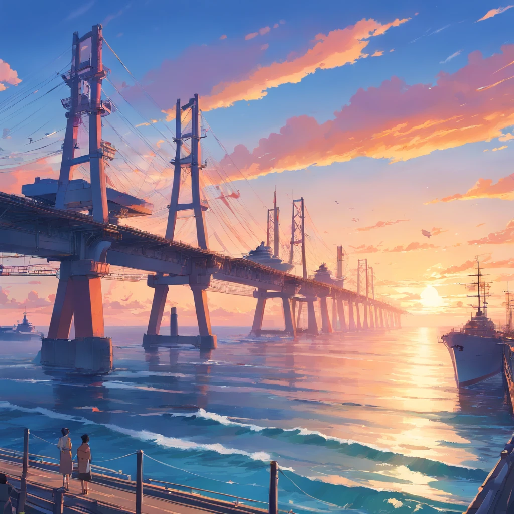 Anime Scenery Of A Bridge Over The Ocean With Ships In The Background