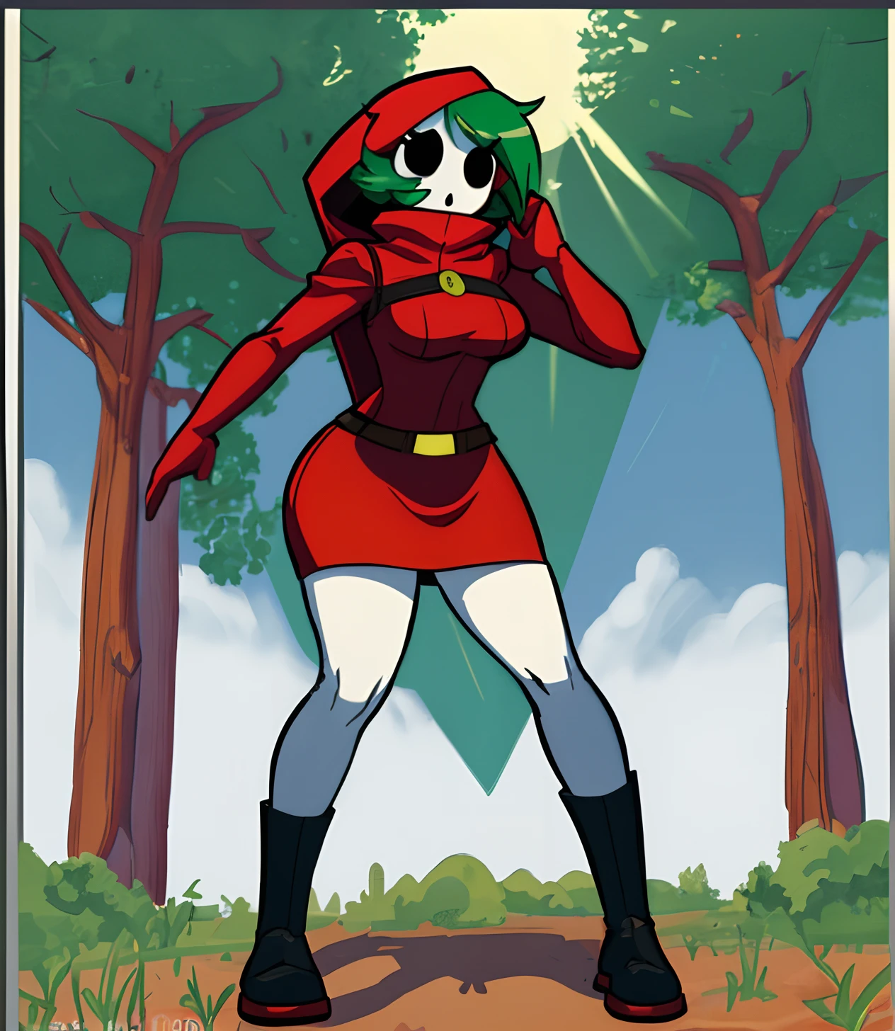 A Cartoon Picture Of A Woman In A Red Outfit And Green Hat SeaArt AI