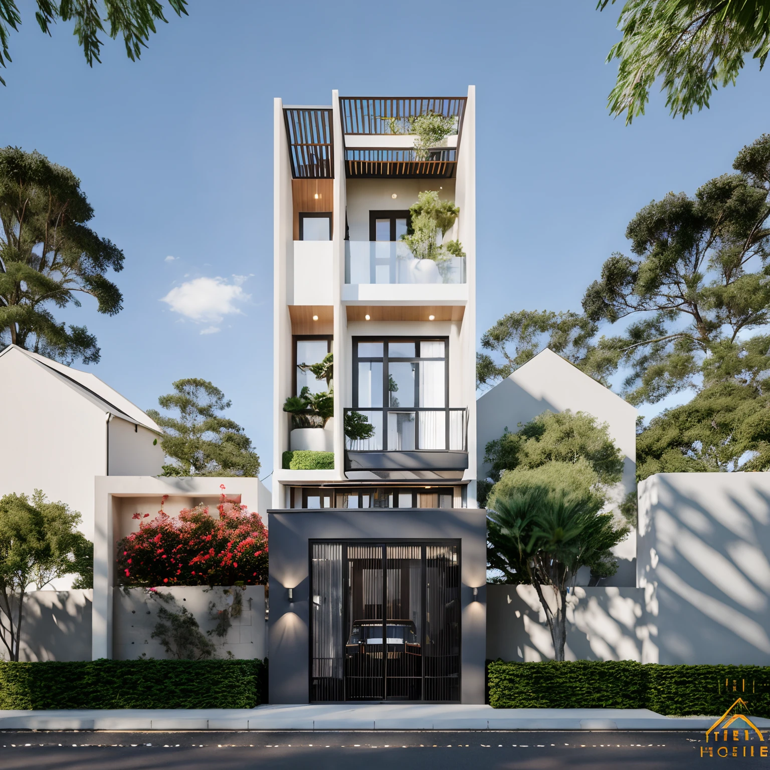 Townhouse In City Daylight Warm Light Sharp Focus Front View Of