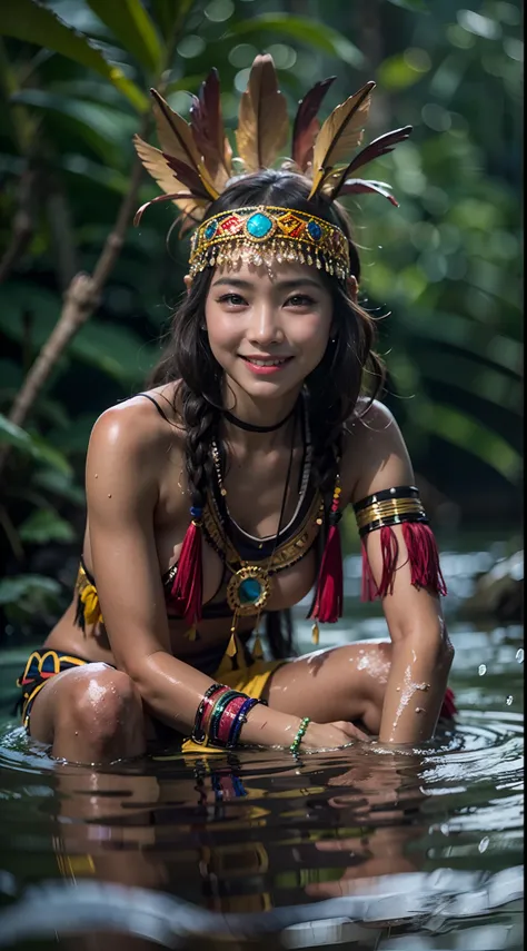 Borneo Tribal Girl Wearing Tribal Head Dress And Accessories