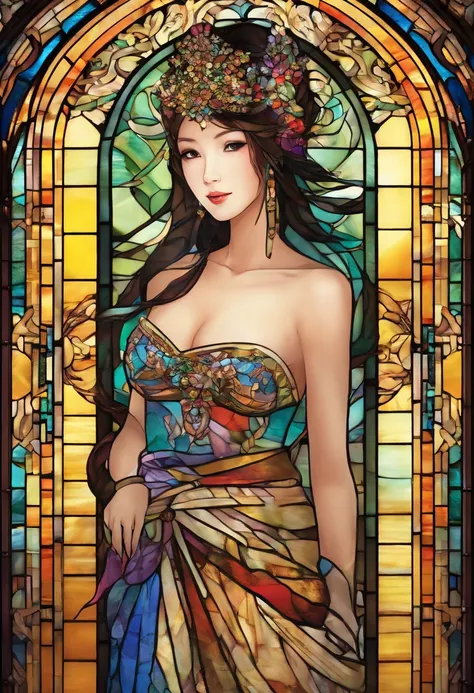 Asian Beautiful Girl Stained Glass NAKED Best Quality Masterpiece