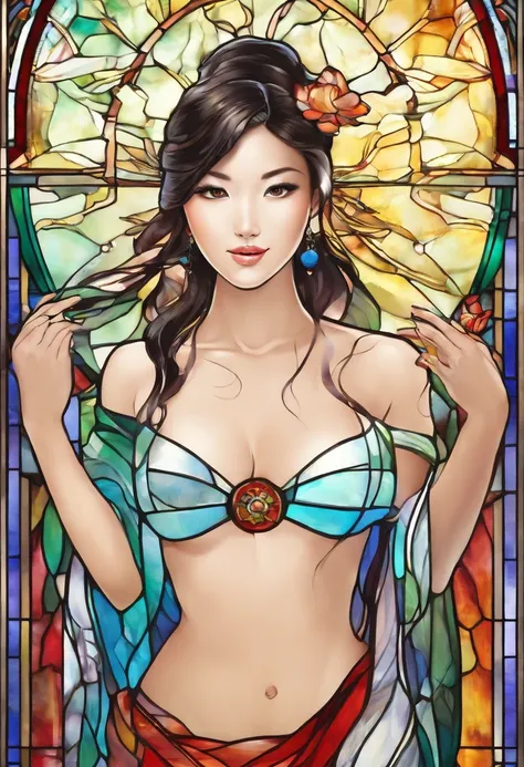 Asian Beautiful Girl Stained Glass Naked Best Quality Masterpiece