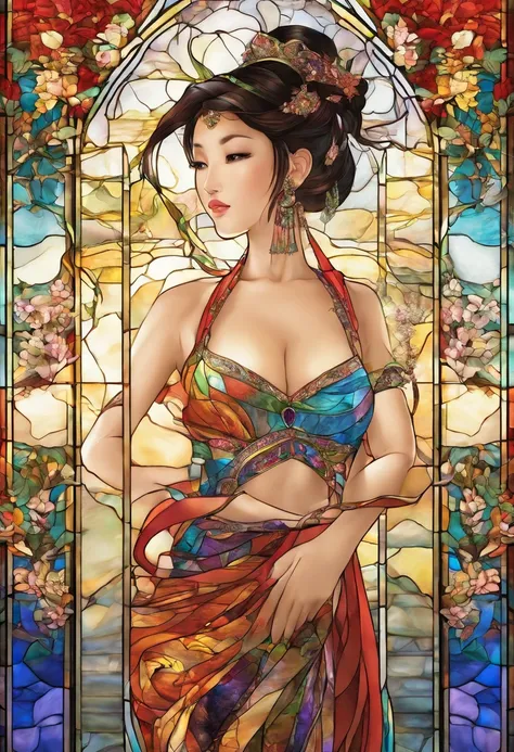 Asian Beautiful Girl Stained Glass Naked Best Quality Masterpiece