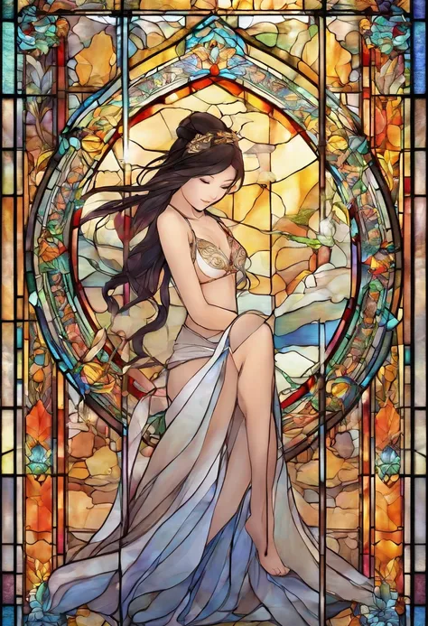 Asian Beautiful Girl Stained Glass NAKED Best Quality Masterpiece