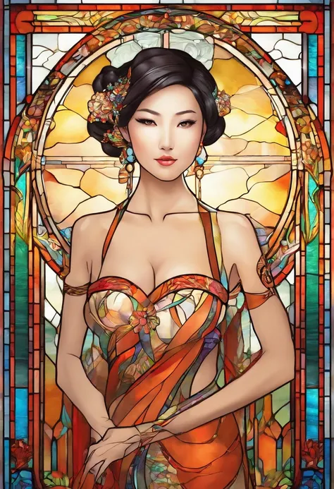 Asian Beautiful Girl Stained Glass NAKED Best Quality Masterpiece