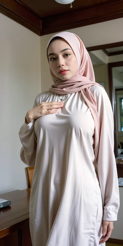 Matured Malay Girl In White Hijab Only Wear Buttoned Down Dress