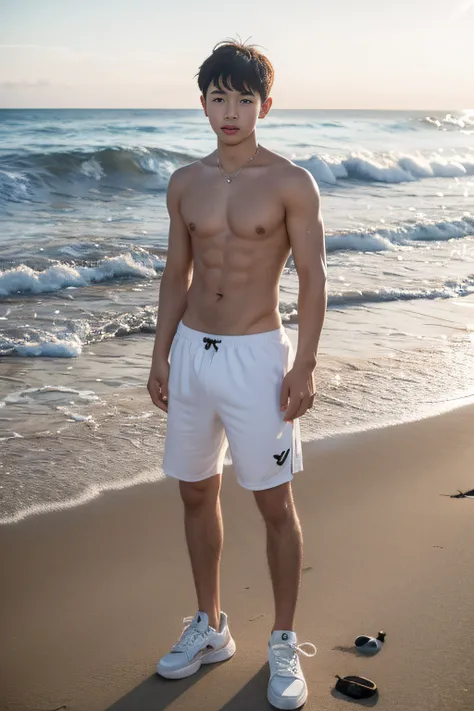 A Year Old Boy On The Beach Naked Upper Body Wearing Gym Shorts