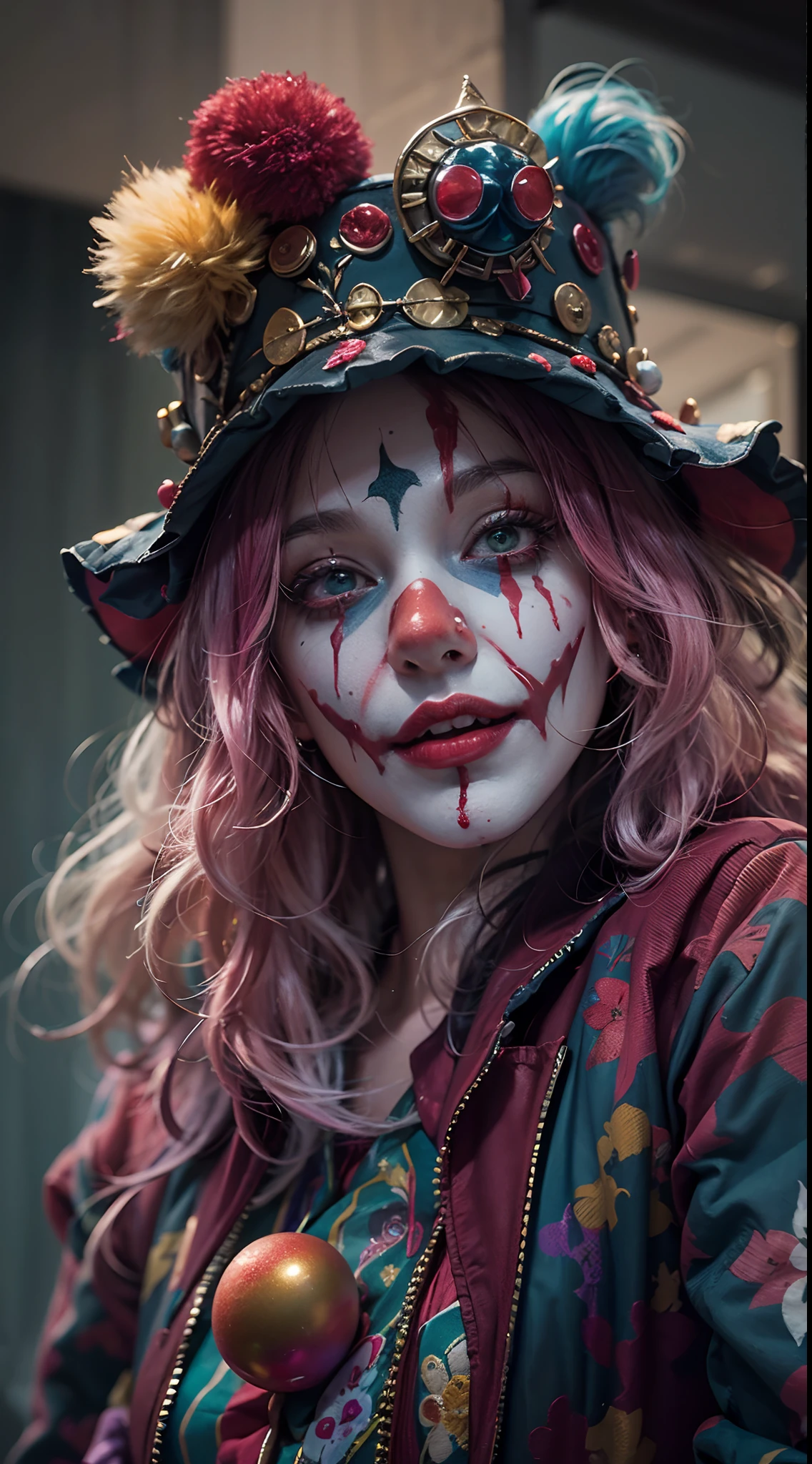 Araffe Clown With Pink Hair And Makeup Wearing A Hat Seaart Ai