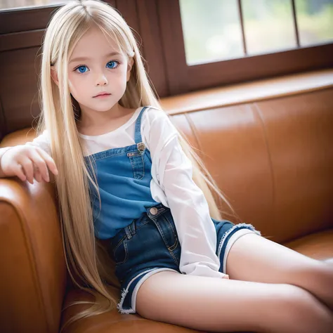 Year Old Blue Eyes Long Blonde Hair Wearing Shorts Sentado Coxas