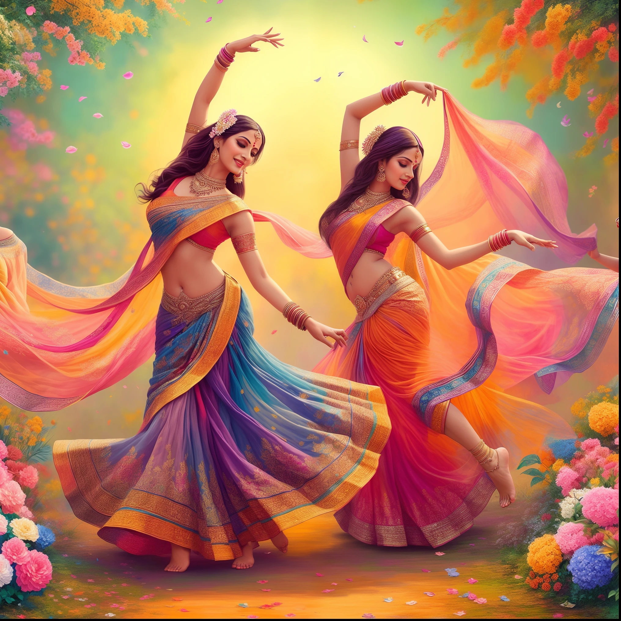 Two Women In Colorful Saris Dancing In A Garden Seaart Ai