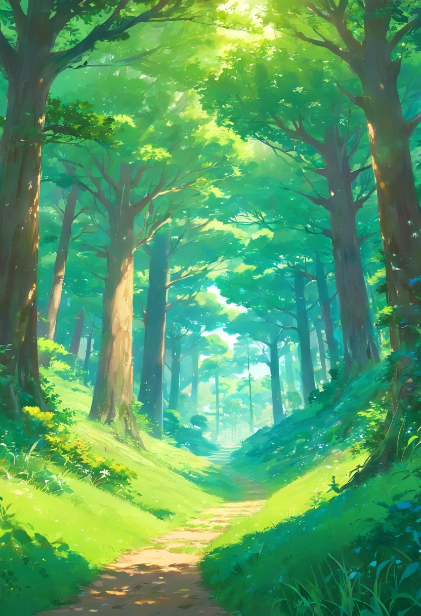 A Painting Of A Path Through A Forest With Trees And Grass Seaart Ai