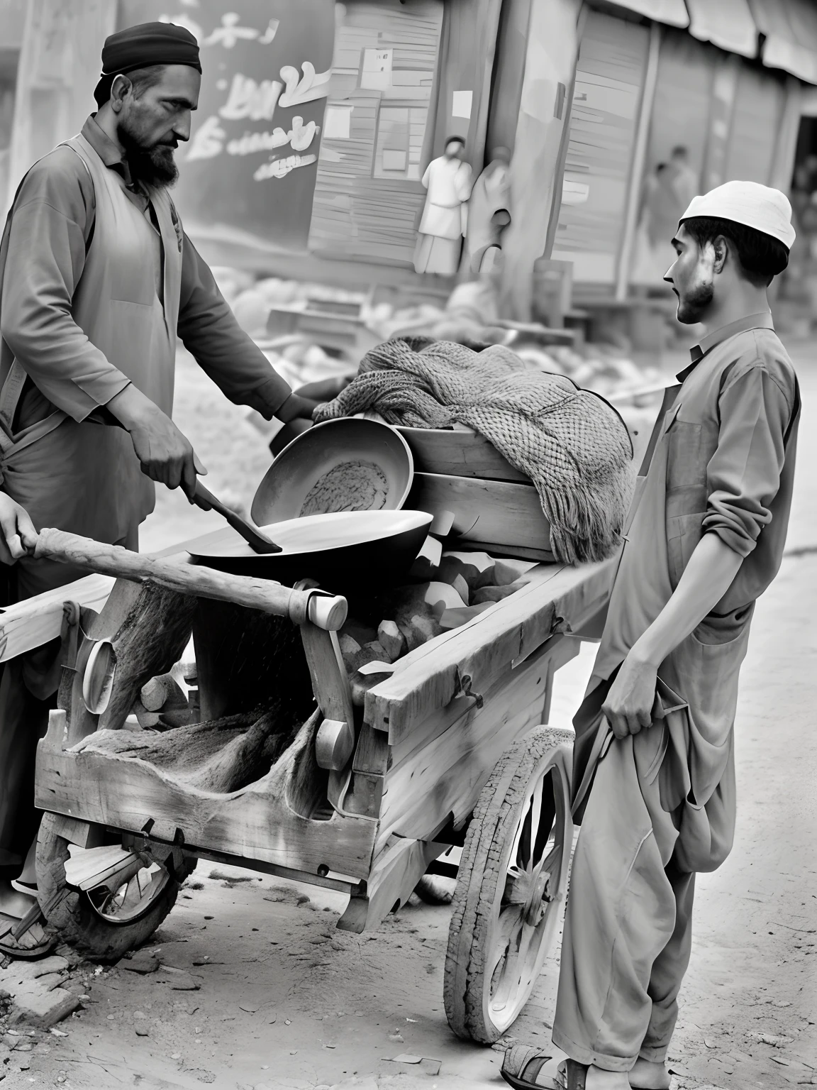 There Are Two Men Standing Next To A Cart With A Large Pot On It