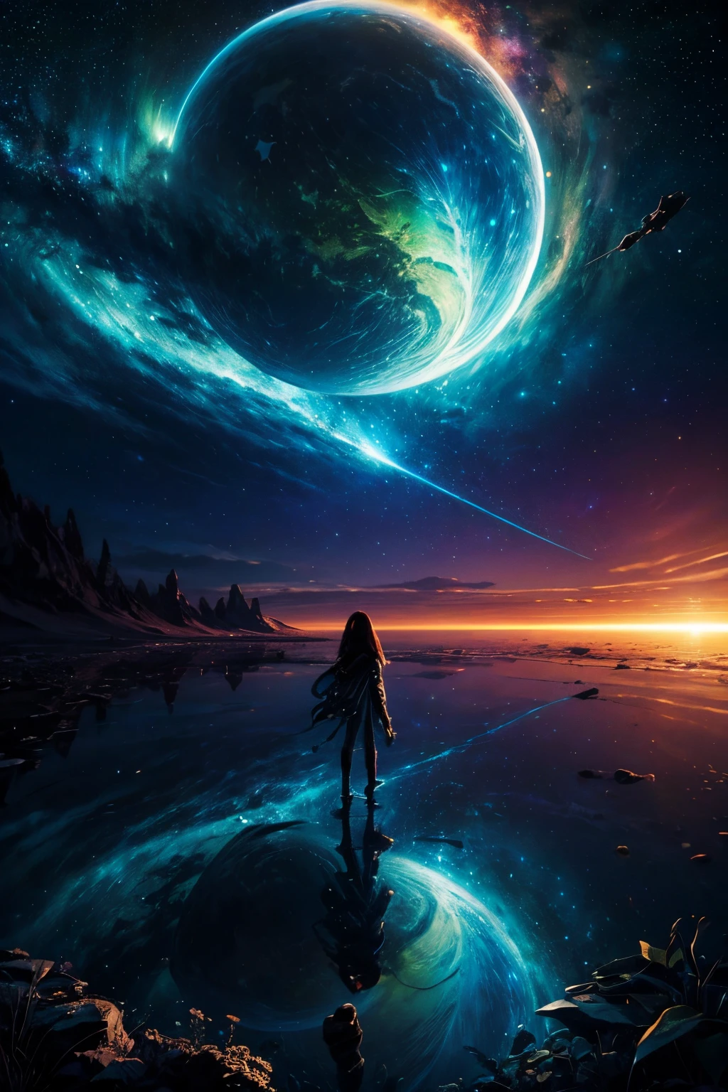 A Woman Standing On A Beach Looking At A Planet In The Sky SeaArt AI