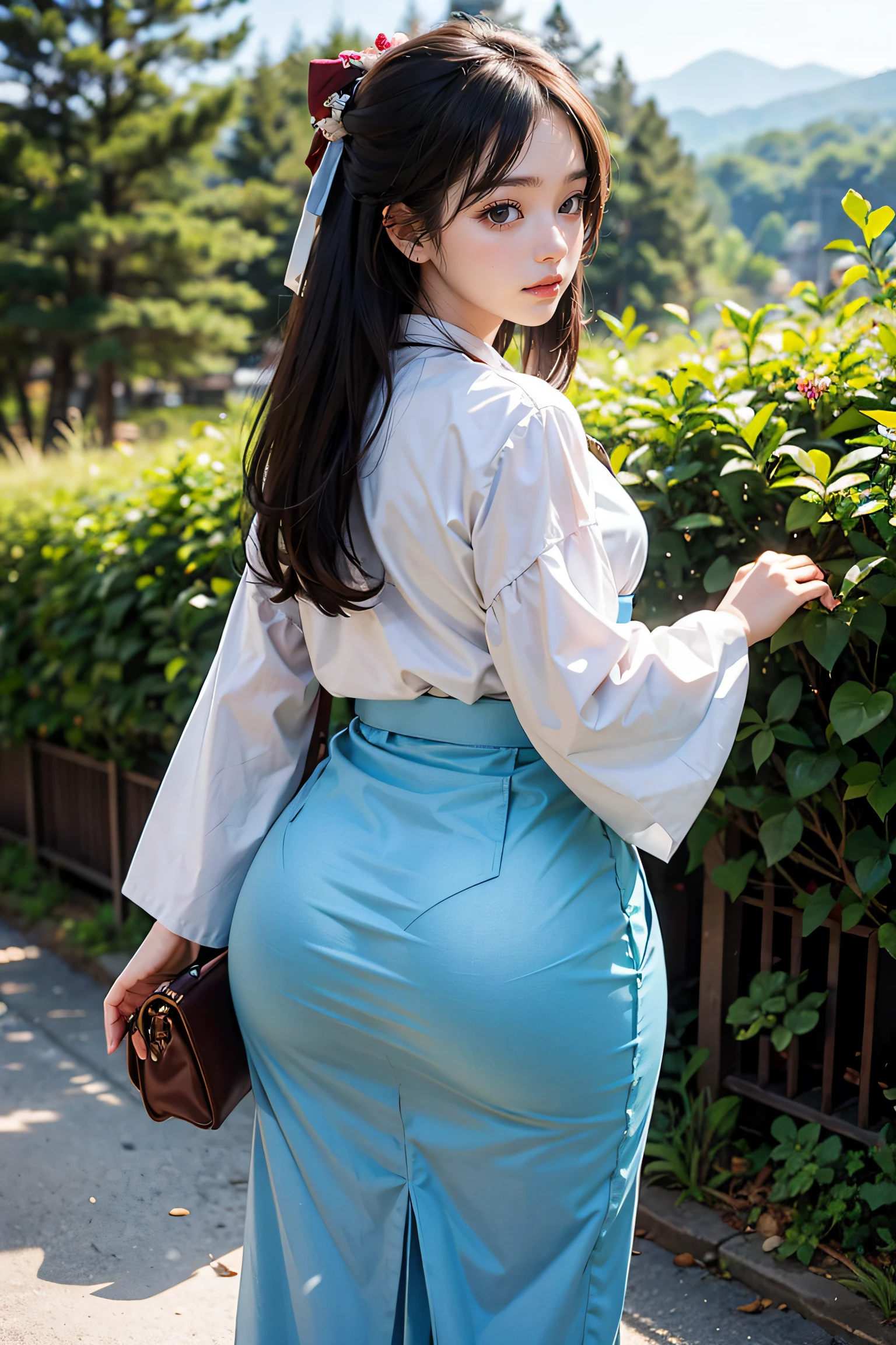 Araffe Asian Woman In Blue Pants And White Shirt Posing For A Picture