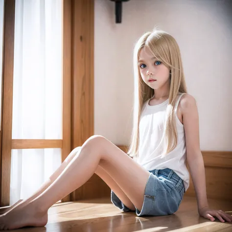 Year Old Blue Eyes Long Blonde Hair Wearing Shorts Sentado Coxas