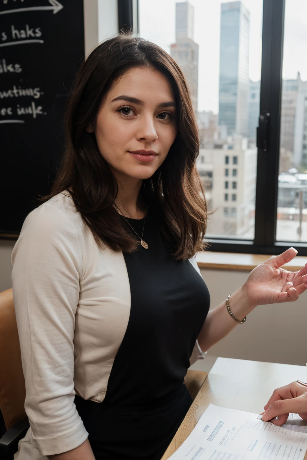 Woman Sitting At A Table With A Blackboard In Front Of Her Seaart Ai