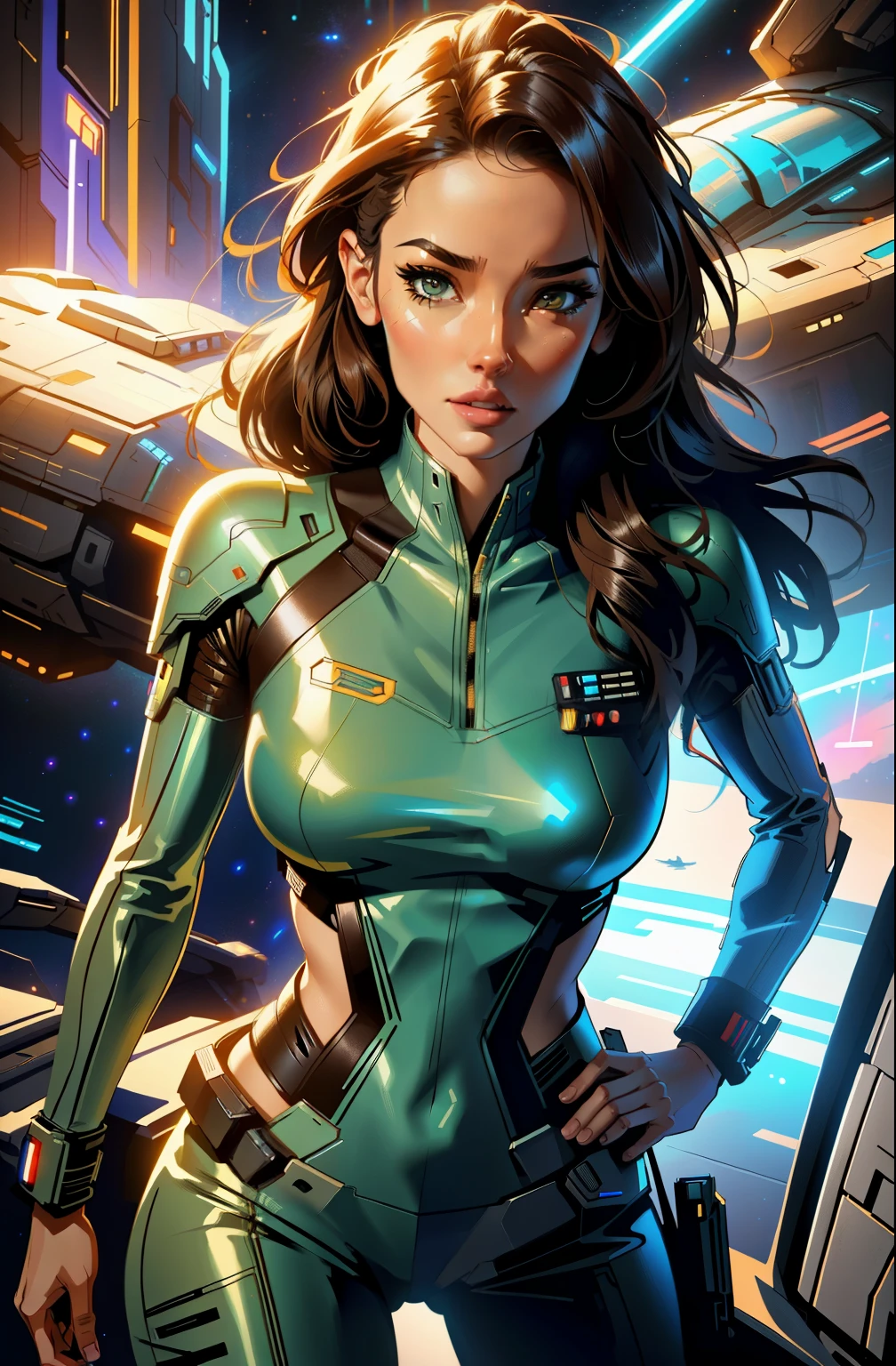 A Woman In A Green Suit Standing In Front Of A Spaceship Seaart Ai