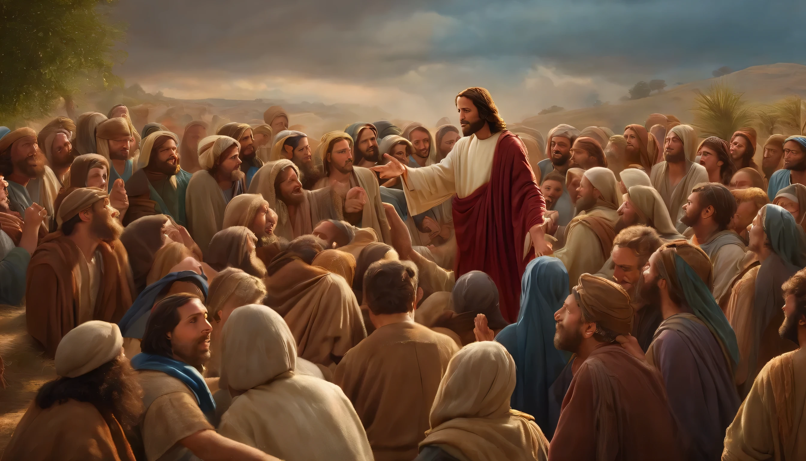 A Painting Of Jesus Standing In Front Of A Crowd Of People SeaArt AI