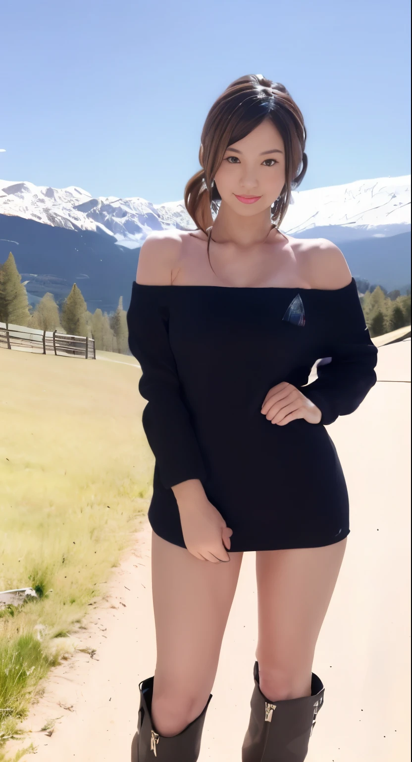 Araffe Posing In A Black Dress And Boots On A Dirt Road Seaart Ai