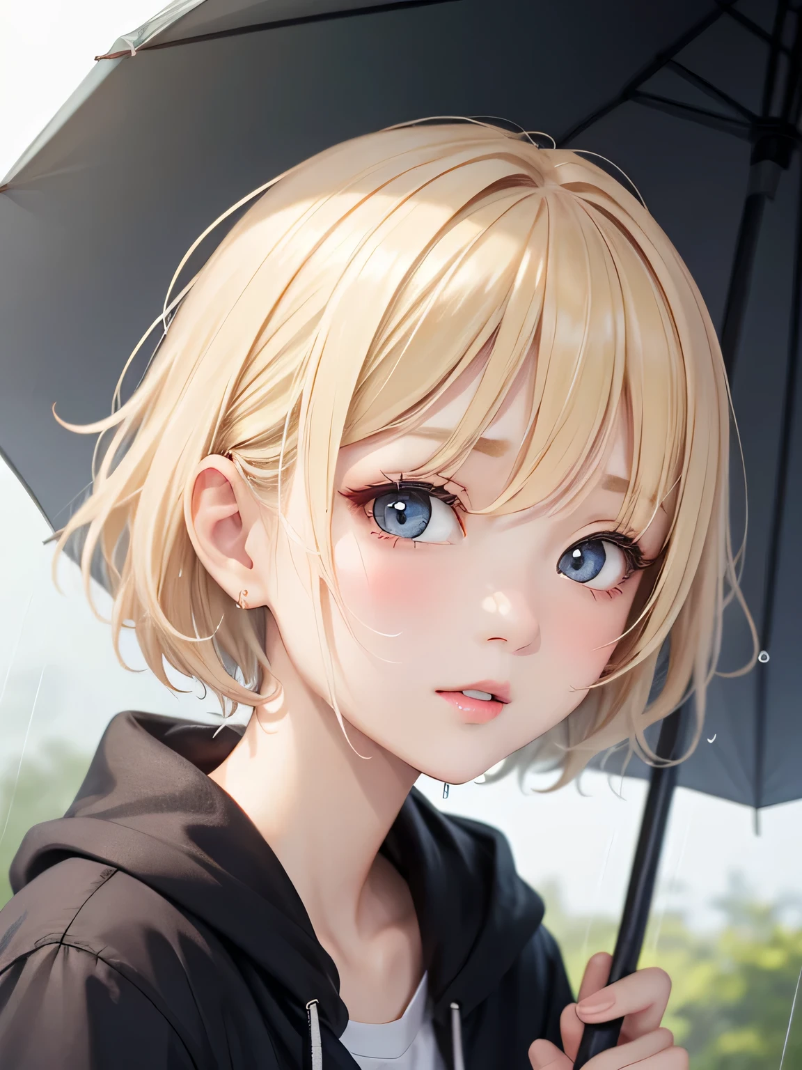 金髪の髪と青い目を持つアニメの女の子が傘をさしている SeaArt AI