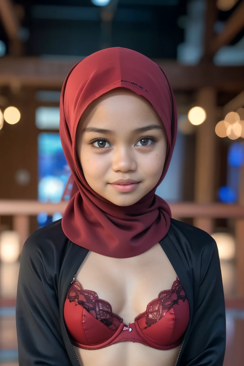 A Close Up Of A Woman Wearing A Red Hijab And A Black Jacket Seaart Ai