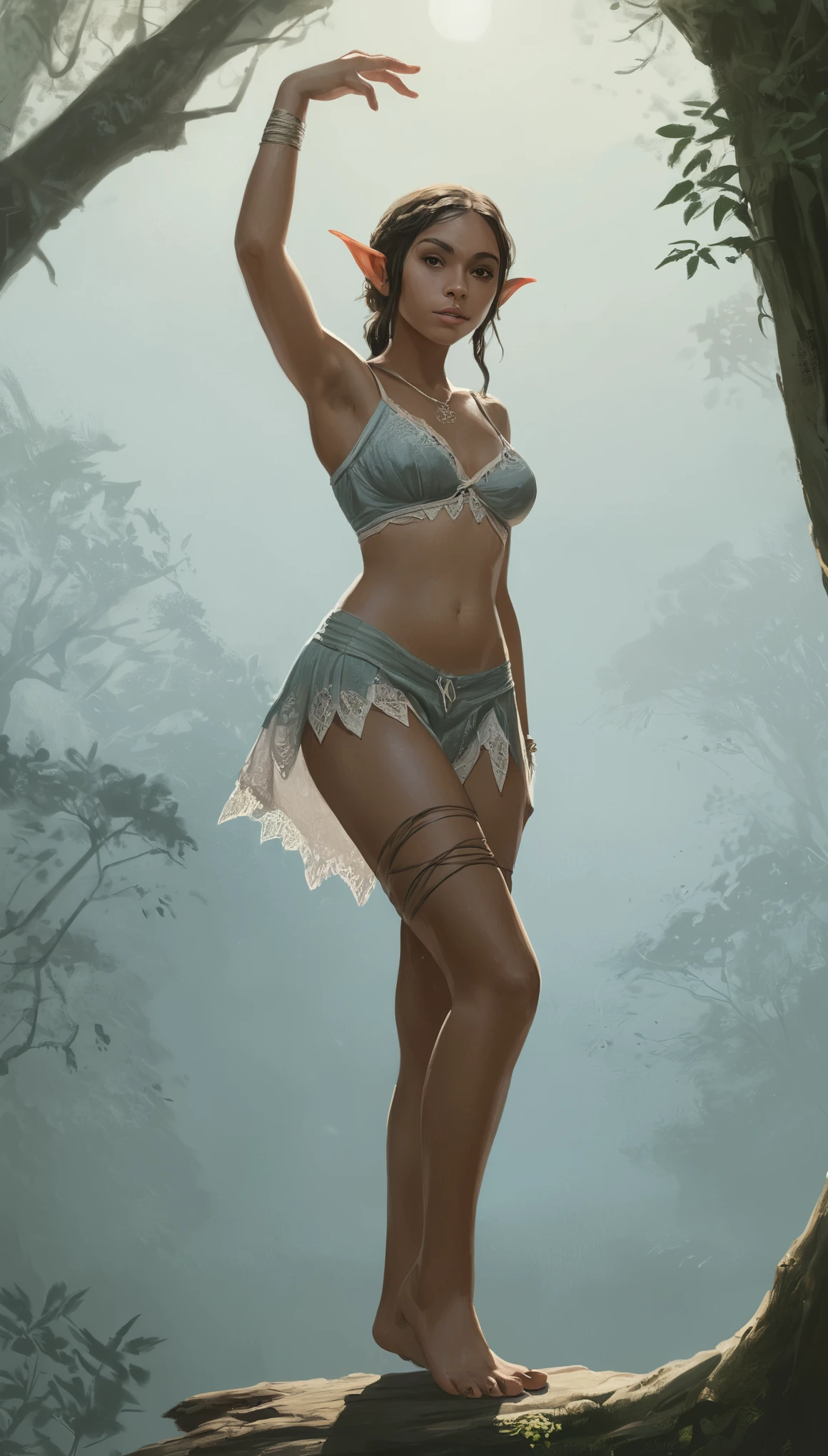 A Woman In A Bikini Top And Panties Standing On A Rock In The Woods