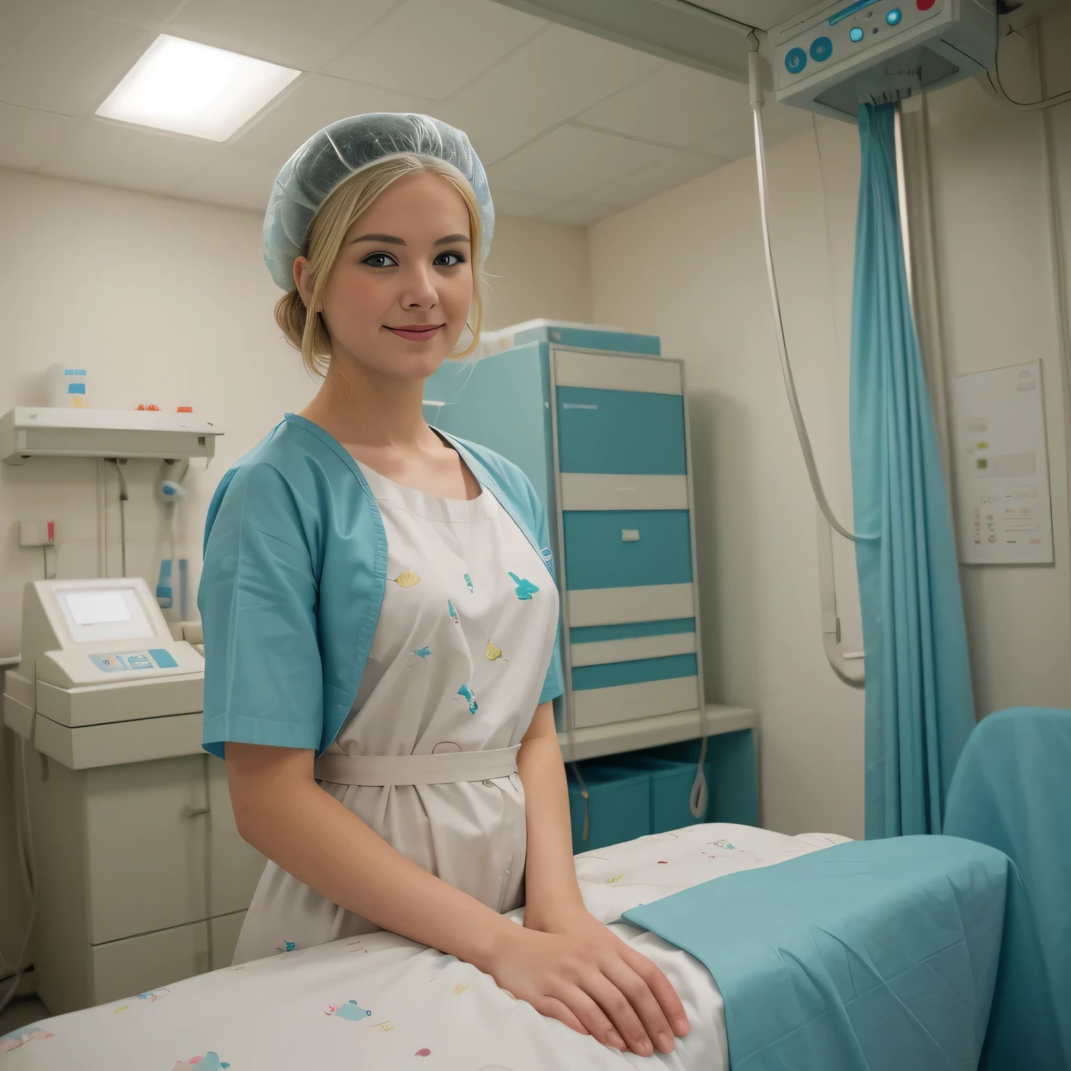 There Is A Woman In A Hospital Room With A Blue Bed Seaart Ai