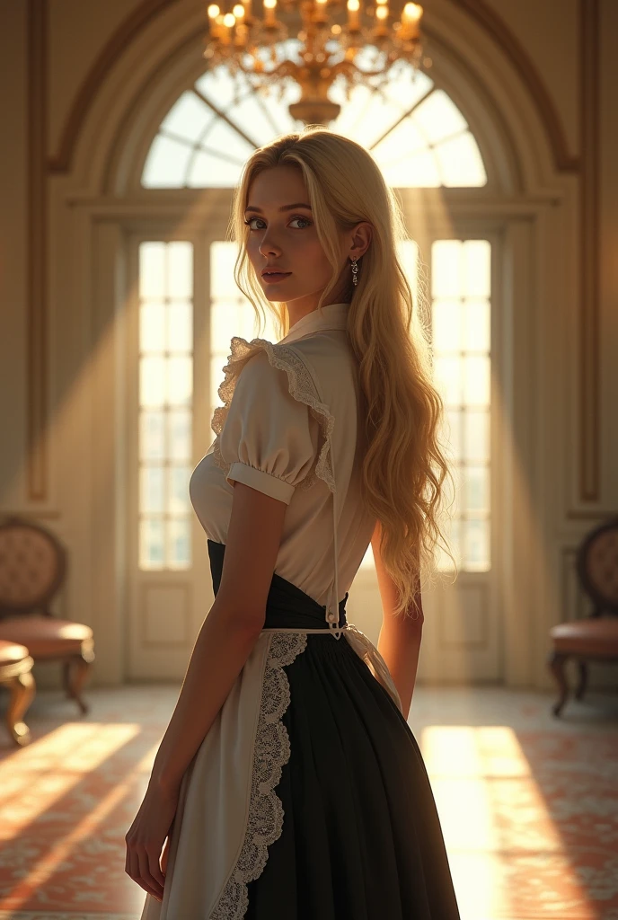 A Beautiful Long Hair Blonde Thin Woman With Housemaid Uniform SeaArt AI