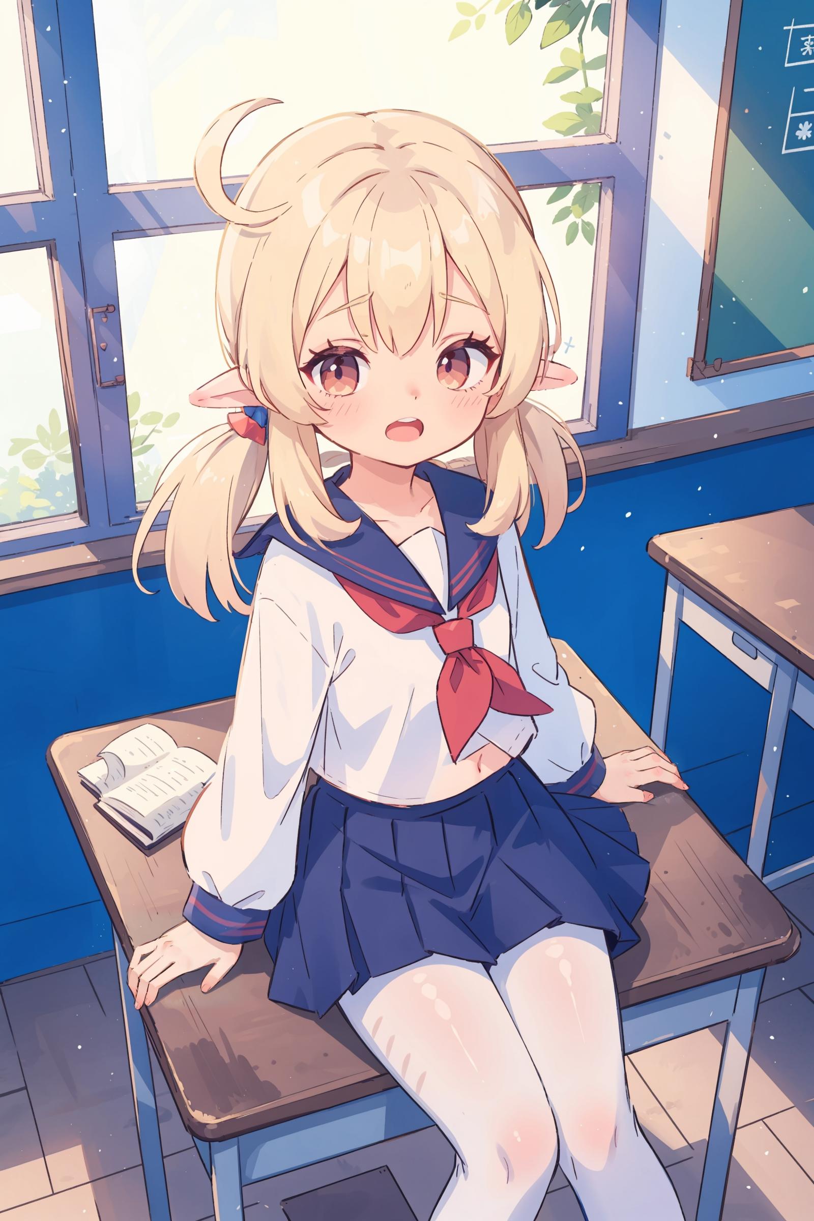 Anime Girl Sitting On A Desk In A Classroom With A Book Seaart Ai