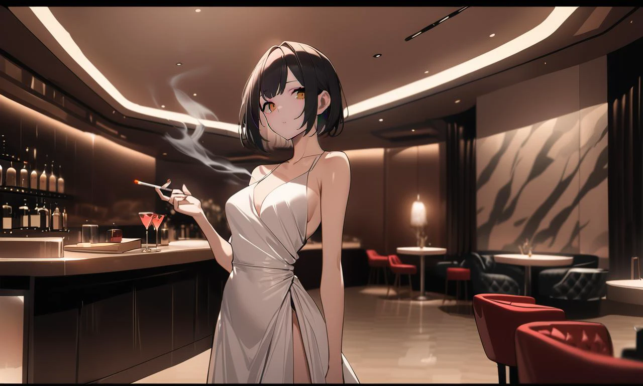 Chica Anime Fumando Un Cigarrillo En Un Restaurante Con Un Bar Al Fondo