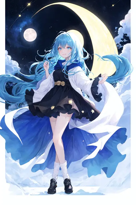 masterpiece, best quility, high_quality, high_resolution, masterpiece*portait, stella, [yellow|blue ]eyes, blue + skyblue hair, cosmos, galaxy, stars, full body, full moon, smile, glowing eyes, glow, glitter, glowing white particles, clock,