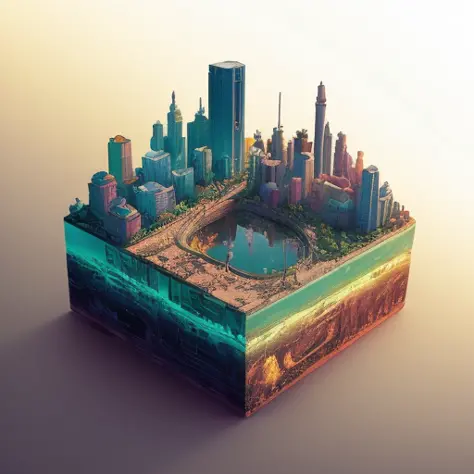 duskametric15 microworlds post apocalyptic isometric cutaway scenery landscape of a city on a venus, vaporwave elements,  postmo...