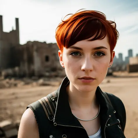 RAW photo, a close up portrait photo of 30 y.o woman in wastelander clothes, redhair, short haircut, pale skin, slim body, background is city ruins, (high detailed skin:1.2), 8k uhd, dslr, soft lighting, high quality, film grain, Fujifilm XT3