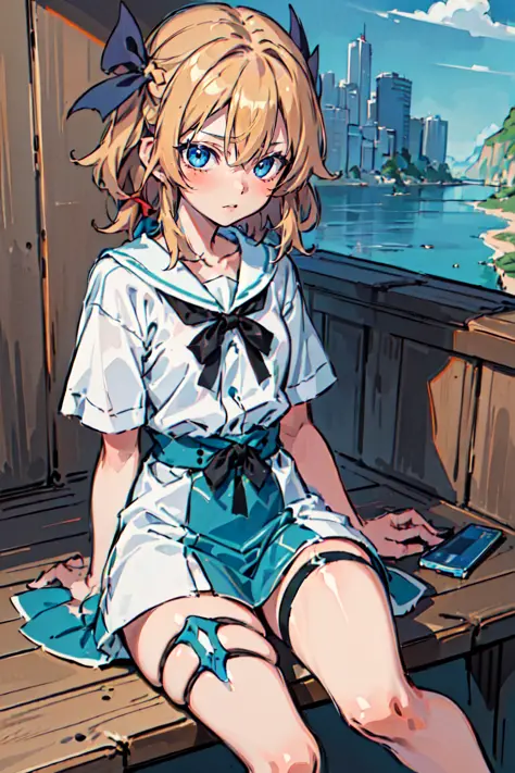 ((Hiroyuki Imaishi,GAINAX,Studio Trigger)),(Blue Archive:0.7), (finely detailed beautiful eyes and detailed face,masterpiece sidelighting,masterpiece,best quality,detailed,high resolution illustration), (1girl,whole body,bishoujo,lustrous skin,looking down,looking at viewer), (ribbon,white shirt,blonde hair, sky blue eyes), <lora:E_knifeThighStrap_v1:1> <lora:E_oversizedShirt_v10:1>