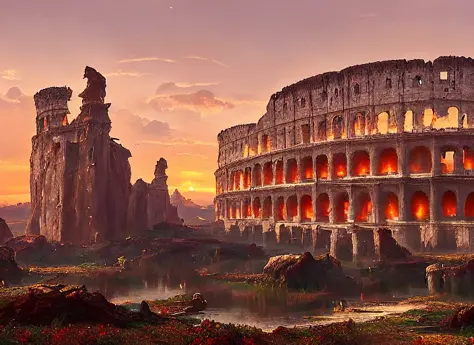 gothic style discodifland, a huge coliseum, oil on canvas, painterly strokes, intense crimson sun setting