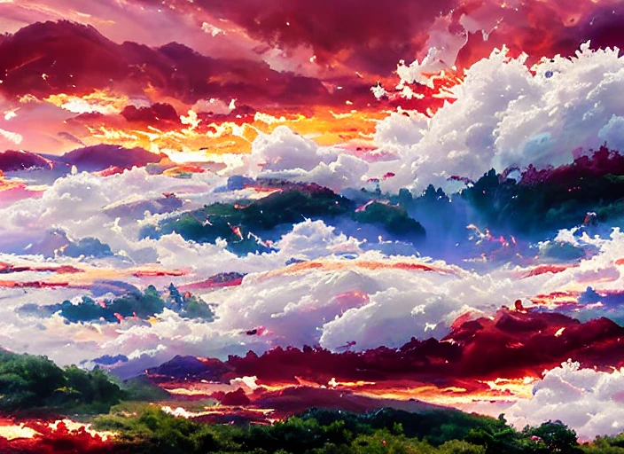 диско в стиле аниме , кружатся пушистые облака, масло на холсте, живописные мазки, насыщенный малиновый закат