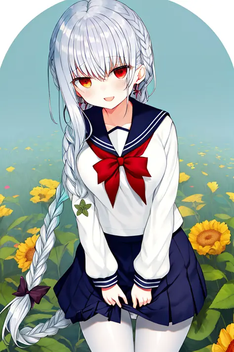 masterpiece, best quality, girl, solo, long hair, solid circle eyes, flower ribbon, silver hair, white pantyhose, shorts under skirt, in winter, flower field, sailor shirt, sailor suite, serafuku, knee_boots, huge_filesize, earrings, collar, hair_pull, red eyes, red eyeshadow, small breasts, twin_braids, braided bangs, multi-tied hair, naughty_face, panties over pantyhose, masterpiece, best quality, girl, solo, long hair, hair ribbon, :d, mole under eye, solid circle eyes, medium breasts, uwabaki, flower ribbon, shushing, Side ponytail, aqua eyes, silver hair, leg tattoo, white pantyhose, shorts under skirt,