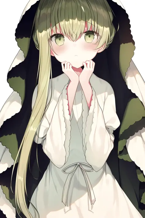 cecilia,1girl,bangs,blush,white background,closed mouth,dress,fingernails,green eyes,green hair,hair between eyes,hand grab,long hair,long sleeves,looking at viewer,sleeves past wrists,solo focus,upper body,veil,white dress,wide sleeves