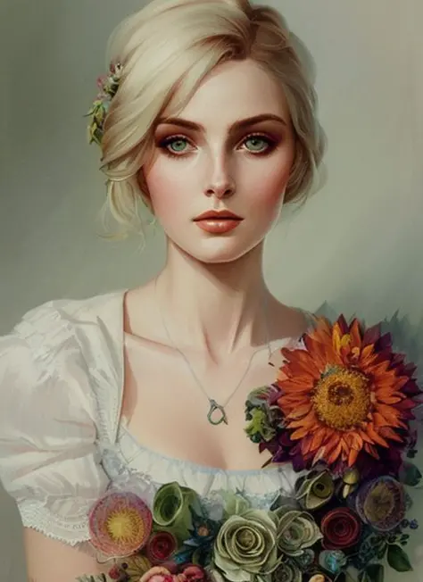 Charlie Bowater realistische Lithografie Skizze Porträt einer Frau, Blumen, [Getriebe], Rohre, dieselpunk, mehrfarbige Bänder, alte Papierstruktur, sehr detailliert