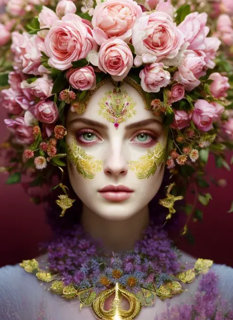 (Simetria:1.1) (retrato de floral:1.05) uma mulher como uma bela deusa, (Estilo Assassin&#39;s Creed:0.8), esquema de cores rosa, dourado e opala, beautiful Intrincado filegrid facepaint, Intrincado, elegante, Altamente detalhado, pintura digital, estação de arte, arte conceitual, suave, foco nitído, ilustração, arte de Greg Rutkowski e Alphonse Mucha, 8K