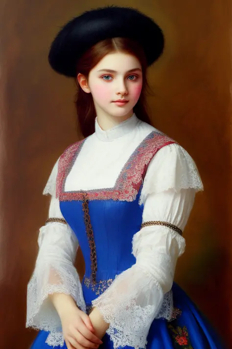 A portrait of  beautiful 15 years old russian 1800 girl in lace and leather clothing , blue eyes, hat with feather, smile, freck...