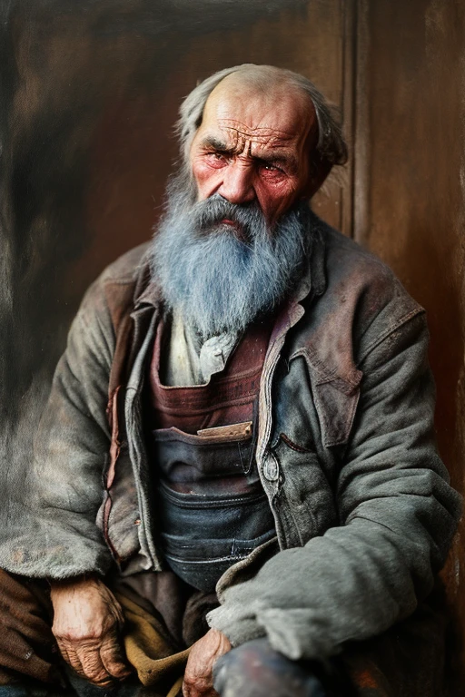Um retrato do pobre trabalhador russo de 1800, em trapos, ((fadiga avassaladora )),  rugas da idade, arte conceitual, Pintura pastel a óleo , cores cinza temperamentais , corajoso, estilo bagunçadoestilo de Alexey Savrasov, Ivan Shichkin, Ilya Repin, (cel sombreado:1.2), 2d, (Pintura a óleo:1.2) altamente detalhado